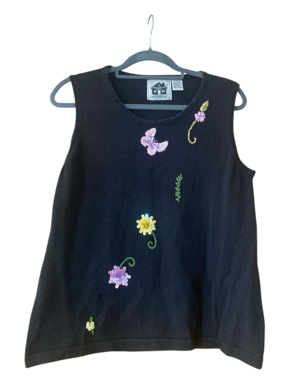 Vintage Storybook Knits Sweater Vest L Floral Butterfly Sequin Ramie Cotton USA - Picture 7 of 10